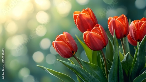 A bunch of red tulips with green leaves in a vase