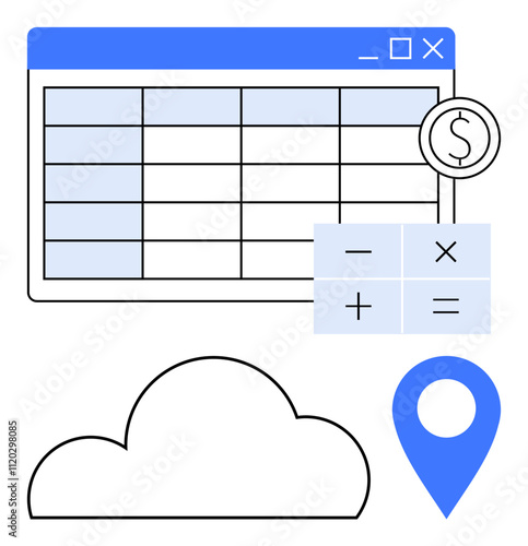 Financial spreadsheet window, calculator with arithmetic buttons, dollar sign, cloud icon, and location pin. Ideal for finance, cloud computing, data analysis, remote work business planning