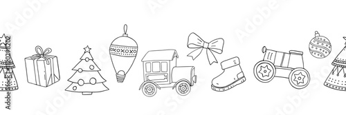 Vector seamless stripe with contour doodle elements Cristmas tree, cars, bow, gift
