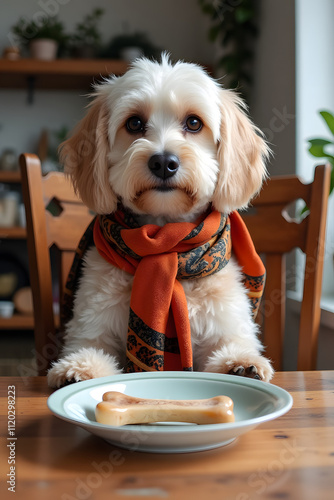 Adorable portrait of a cute fluffy white and red dog enjoying a bone on the dining table, with an orange scarf with an ornament around his neck photo