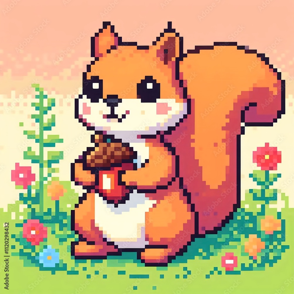 Fototapeta premium squirrel carrying nuts,pixel art