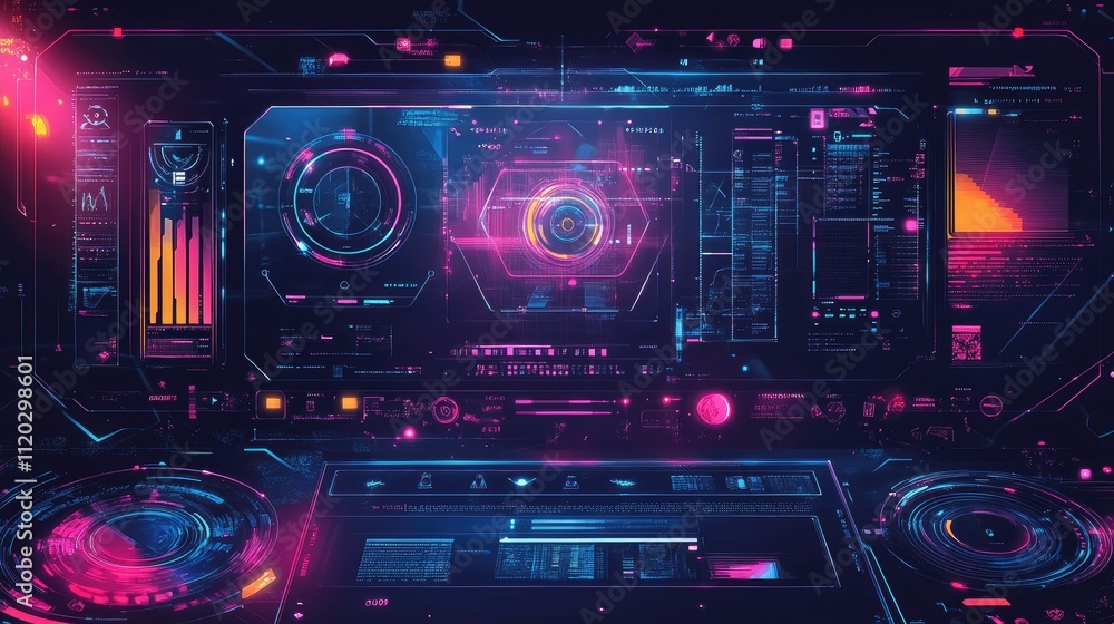 Obraz premium Futuristic digital interface with vibrant colors and data visualization elements.