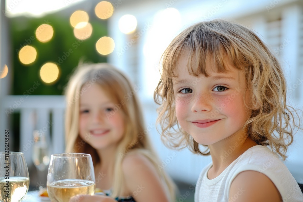 Two cheerful children sitting at a table during a summer evening, with sparkling lights in the background creating a warm and festive atmosphere. Two cheerful children sitting at a table during a summer evening, with sparkling lights in the background creating a warm and festive atmosphere.