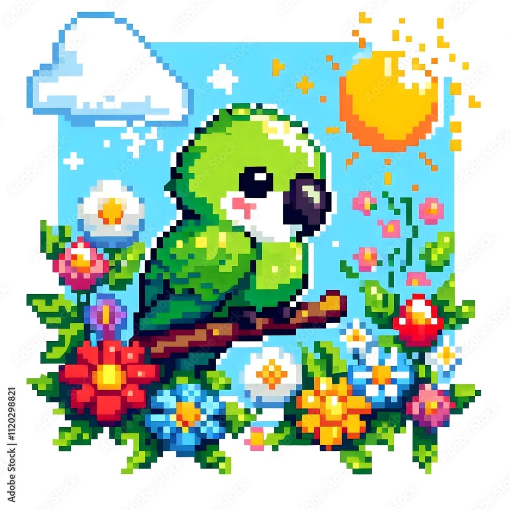 green parrot bird, pixel art green parrot bird, pixel art