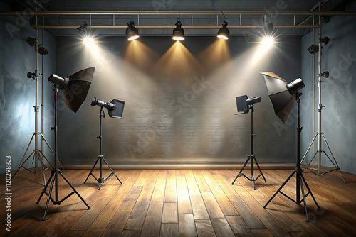 Empty photo studio with lighting equipment, wooden floor, and textured wall.