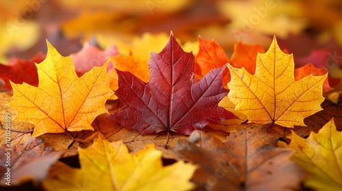 A pile of yellow and red maple leaves laying on the ground