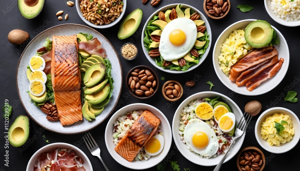 Ketogenic dishes using grilled salmon, grilled stake, eggs, avocados, crisp bacon, coliflower rice salad, nuts chease and other keto diet ingredients, Ketogenic dishes using grilled salmon, grilled stake, eggs, avocados, crisp bacon, coliflower rice salad, nuts chease and other keto diet ingredients,