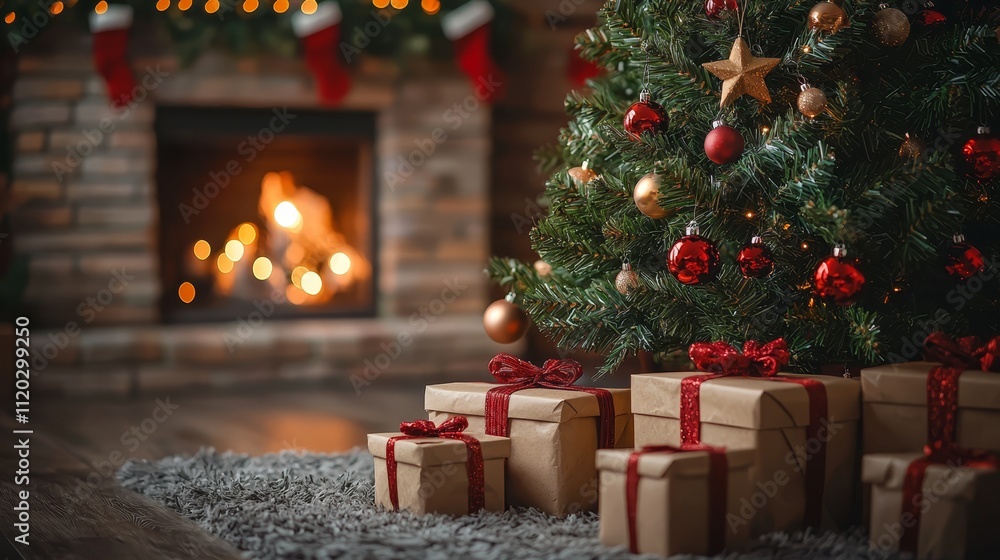 A christmas tree with presents under it in front of a fireplace A christmas tree with presents under it in front of a fireplace