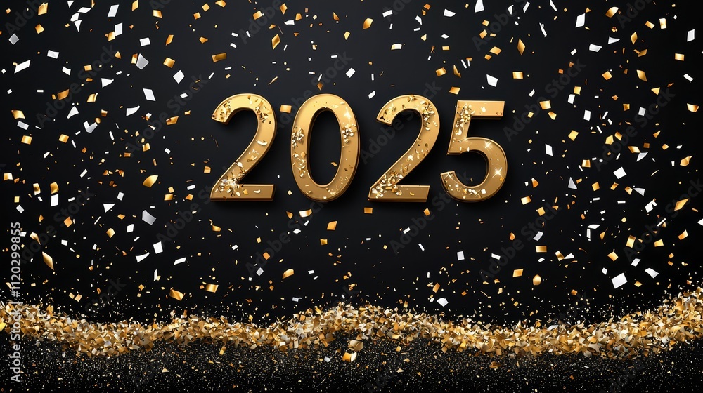 A black background with gold numbers and confetti A black background with gold numbers and confetti