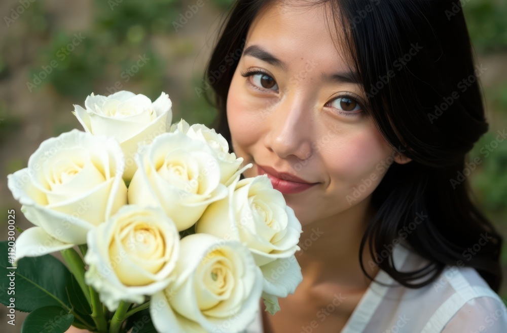 Selfie photo of a beautiful Asian girl with a bouquet of white roses. Selfie photo of a beautiful Asian girl with a bouquet of white roses.