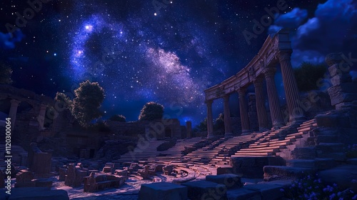 Night scene of ancient ruins under a starry sky, showcasing majestic columns, stone structures, and a breathtaking Milky Way. photo