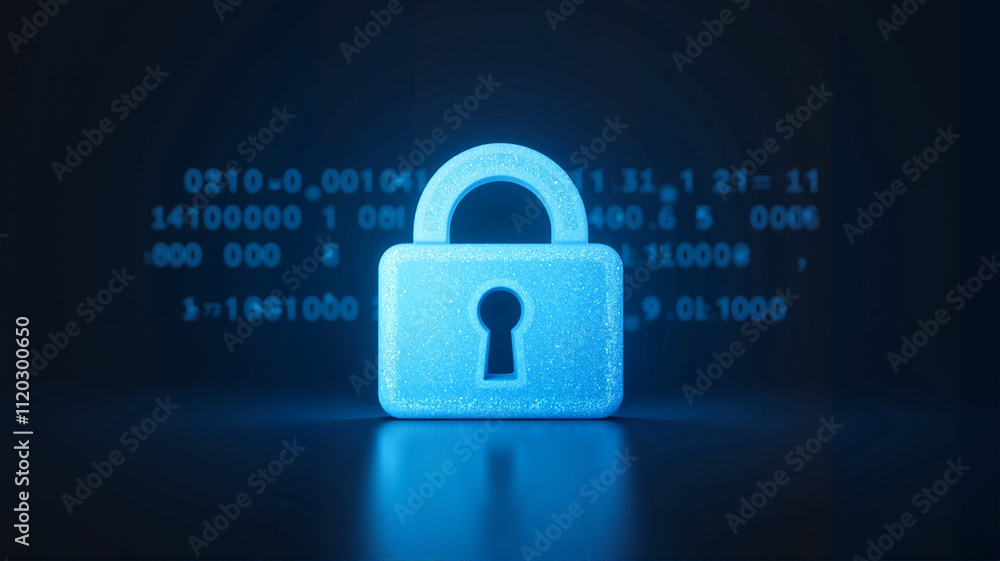 Glowing blue padlock with digital code background symbolizing cybersecurity Glowing blue padlock with digital code background symbolizing cybersecurity