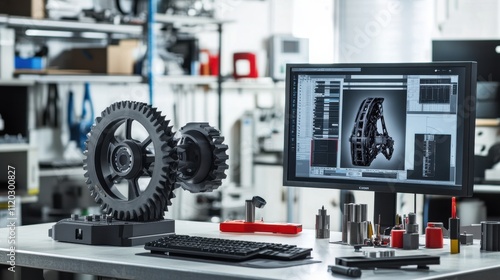 Realistic photo of a reverse engineering setup in a workshop. The scene includes a high-resolution 3D scanner positioned in front of a mechanical part, capturing its intricate details.