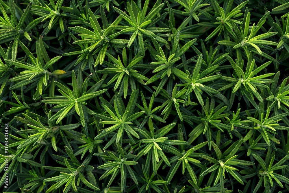 Obraz premium Fresh rosemary twig texture background, green rosemary sprig pattern, seasoning twigs banner