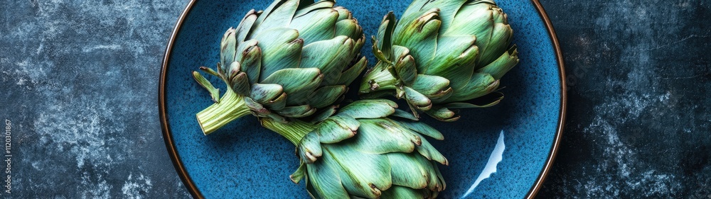 Three artichokes on a blue plate. (3) Three artichokes on a blue plate. (3)