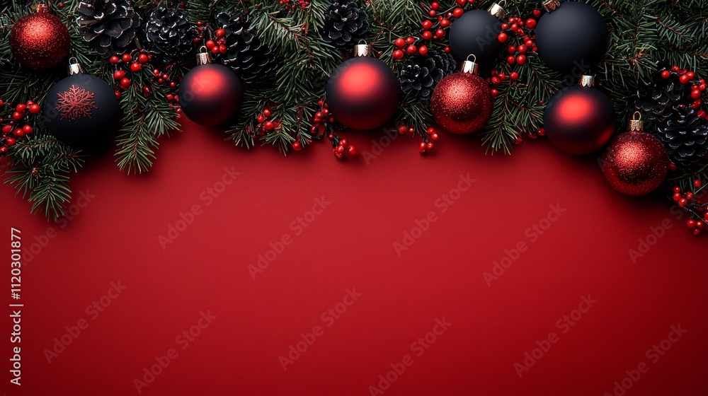 A red background with black and red ornaments and pine cones A red background with black and red ornaments and pine cones