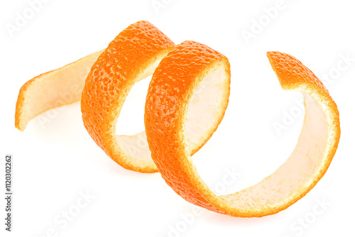 Swirly peel of fresh orange fruit isolated on a white background. Orange zest, citron.