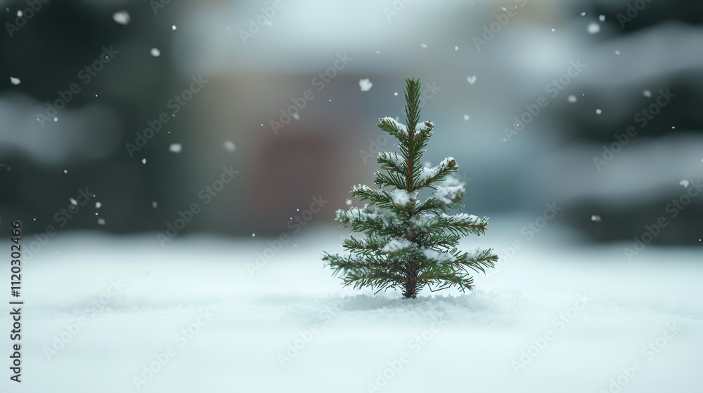 A small pine tree in the middle of a snow covered field A small pine tree in the middle of a snow covered field