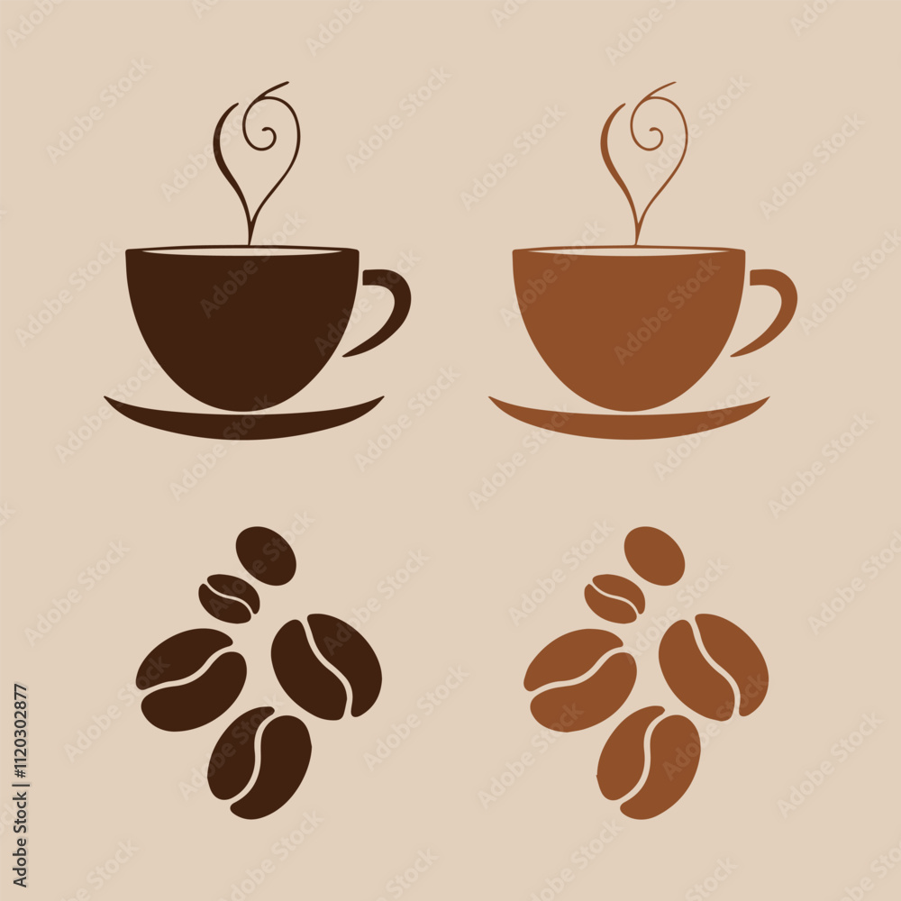 Obraz premium Set of 8 coffee icons vector, coffee cup and beans