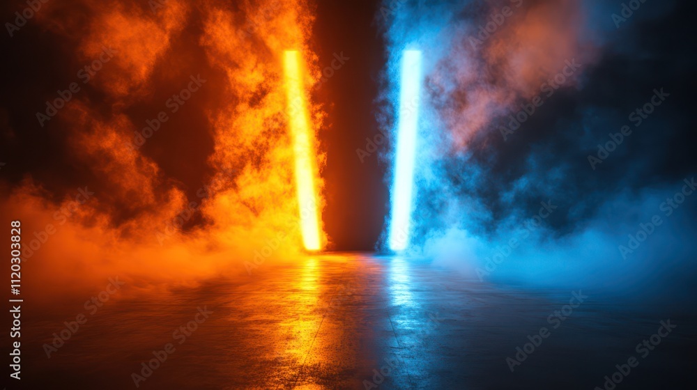 Obraz premium Illustration of neon lights illuminating a dark smoky street divided into two colors, orange and blue. AI generated image