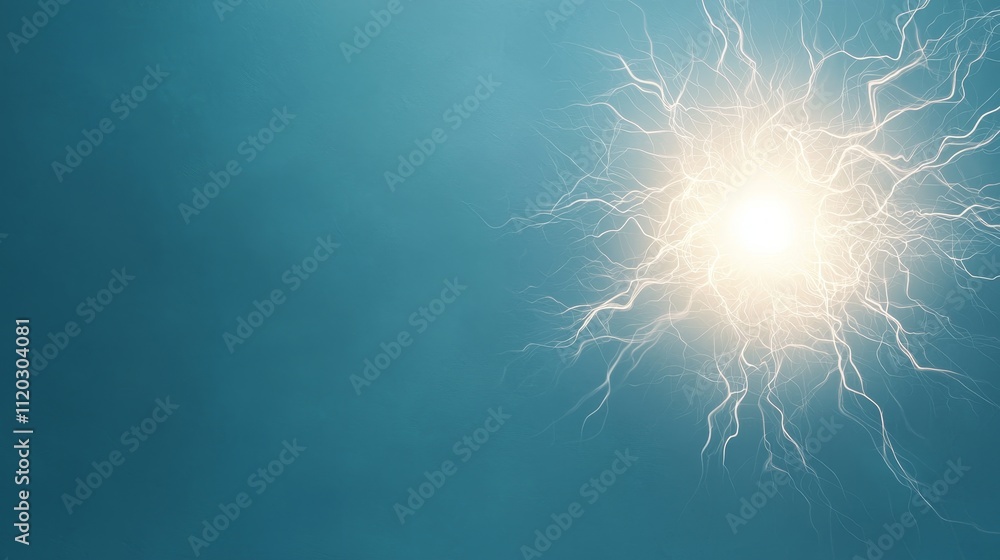 Obraz premium Bright Light Burst with Electric Sparks on a Soft Blue Background Illustrating Energy and Dynamism in Abstract Form