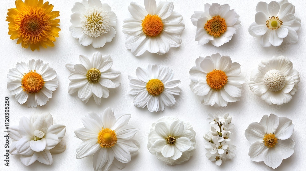 Obraz premium A bunch of white and yellow flowers on a white surface