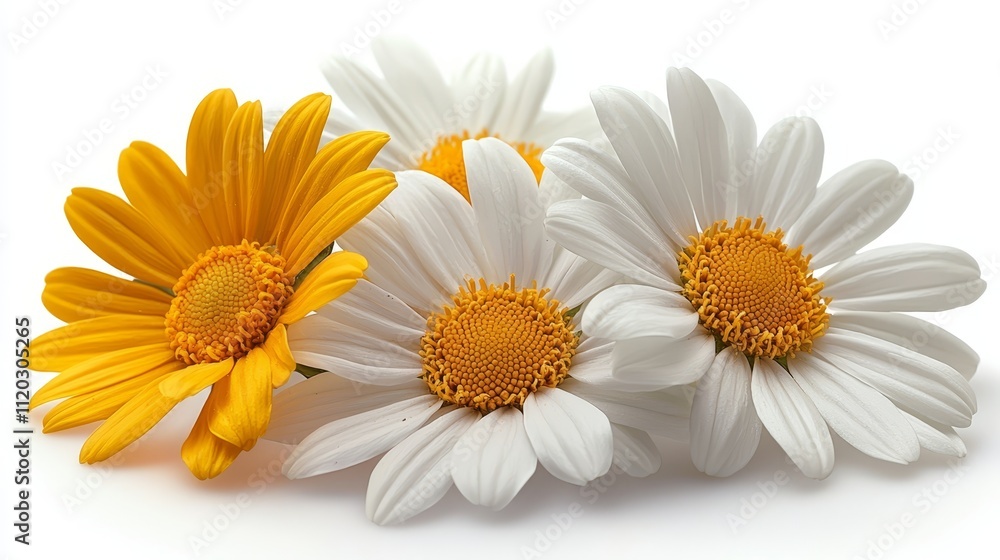 Obraz premium Three white and yellow daisies on a white background