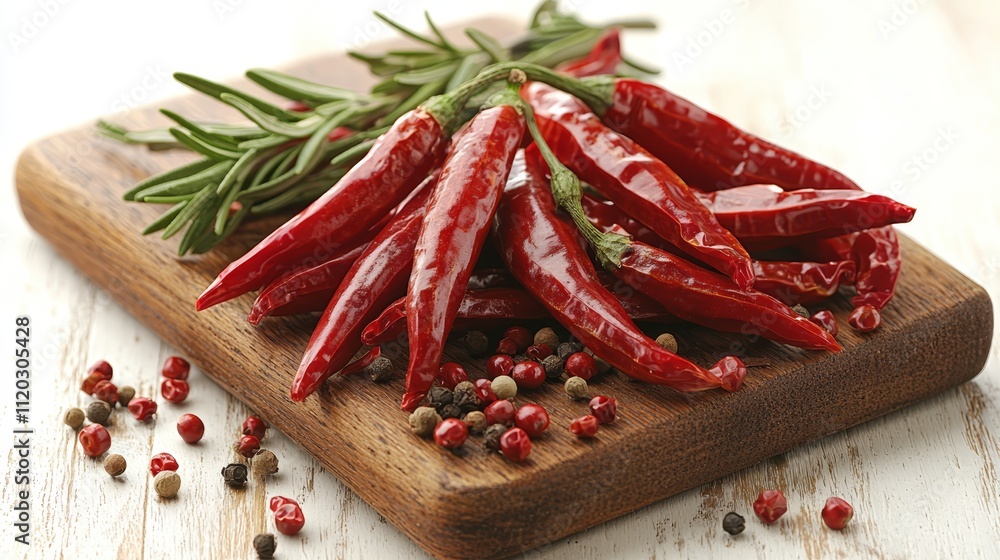 A wooden cutting board topped with red peppers and peppercorns A wooden cutting board topped with red peppers and peppercorns