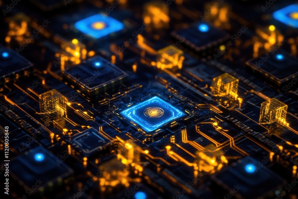 A close up of a computer chip with blue and orange lights. Generative AI A close up of a computer chip with blue and orange lights. Generative AI