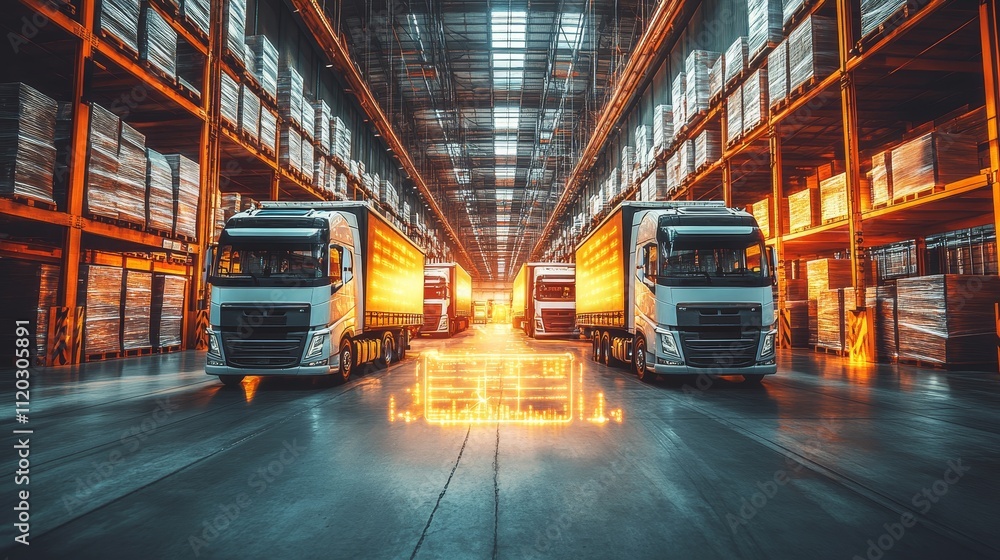 Freight trucks at a warehouse with augmented reality holographic interface overlay, symbolizing logistics innovation, global supply chain technology, and advanced cargo transportation solutions. Freight trucks at a warehouse with augmented reality holographic interface overlay, symbolizing logistics innovation, global supply chain technology, and advanced cargo transportation solutions.