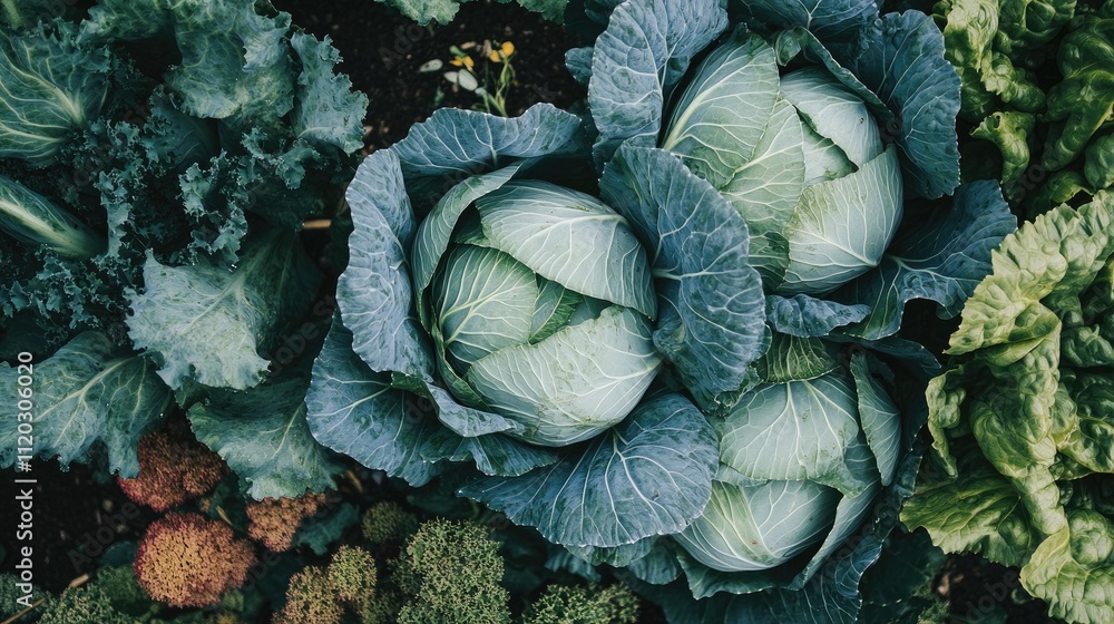 Obraz premium Lush cabbages growing alongside rows of other vegetables in a diversified farming plot