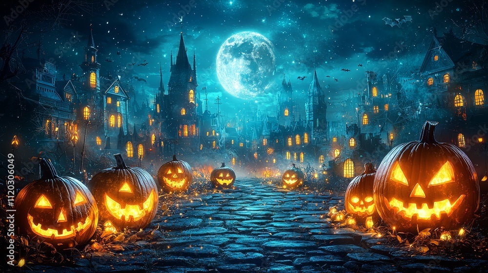 Naklejka premium A group of jack-o-lanterns sitting on the ground in front of a full moon