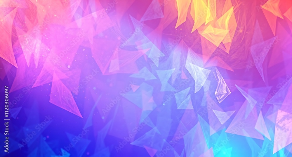 Abstract Geometric Gradient: A mesmerizing backdrop of overlapping, translucent triangles in vibrant hues of pink, blue, and orange, creating a dynamic and ethereal visual effect. Abstract Geometric Gradient: A mesmerizing backdrop of overlapping, translucent triangles in vibrant hues of pink, blue, and orange, creating a dynamic and ethereal visual effect.