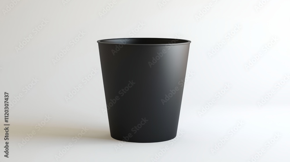A black trash can sitting on top of a white surface A black trash can sitting on top of a white surface