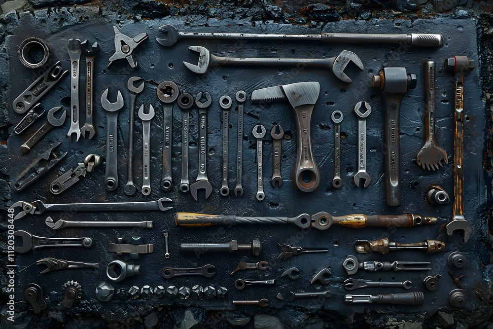 Fototapeta premium A Comprehensive Display of Vintage Hand Tools on a Dark Background