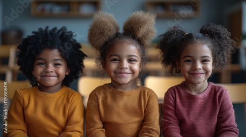 Smiling multiethnic children sitting on chairs in a classroom, symbolizing diversity, education, and a positive learning environment with space for creative concepts.