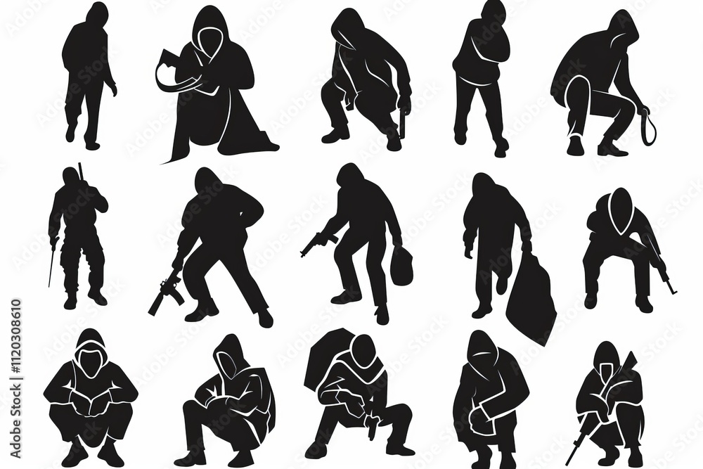 Thief icon, criminal person sign, bandit in mask, burglar silhouette, killer, gangster or robber in balaclava