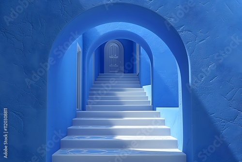 Serene Blue Staircase Leading to a Mystical Doorway