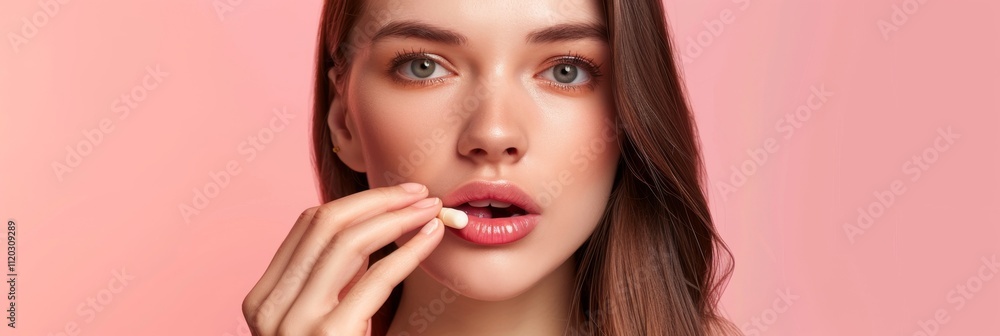 Beautiful woman face with collagen pill, dietary supplements in hands, capsules banner, mineral pills