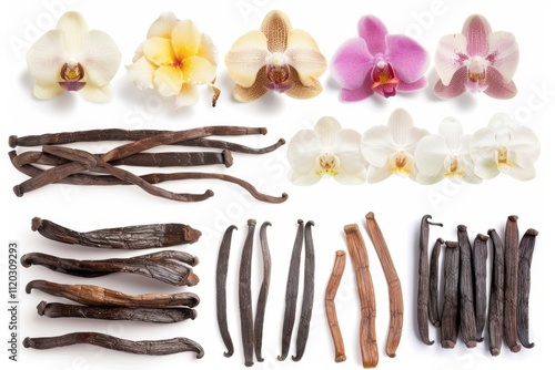 Vanilla pods and flowers set, orchid bean sticks, dry vanillin pods, natural aroma dessert ingredient photo