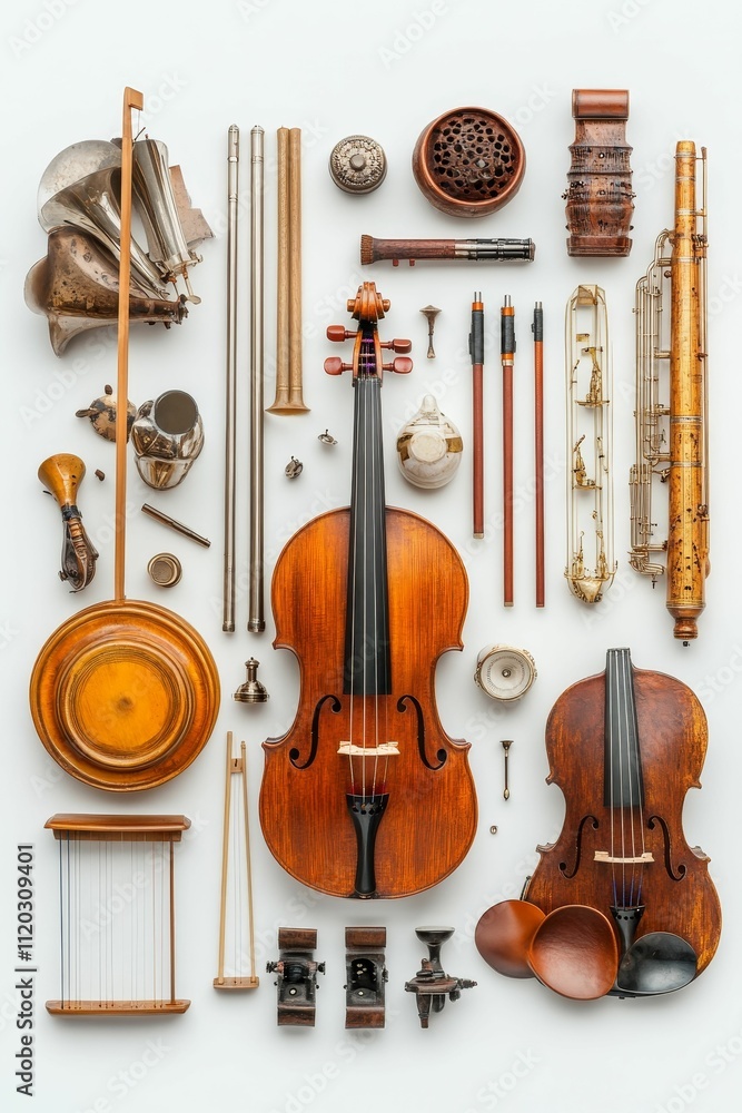 Naklejka premium Disassembled string and wind instruments, parts.