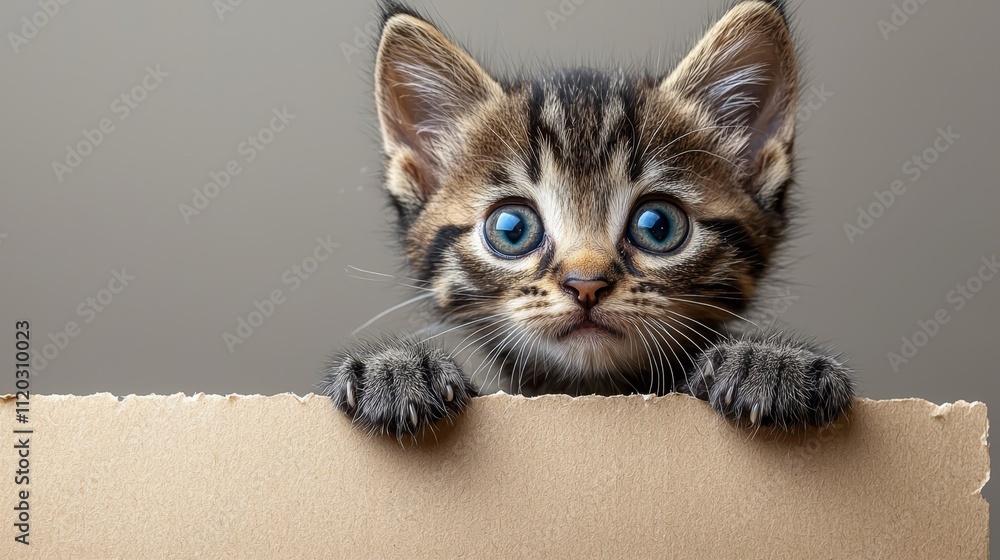 A small kitten peeking out from behind a cardboard box A small kitten peeking out from behind a cardboard box