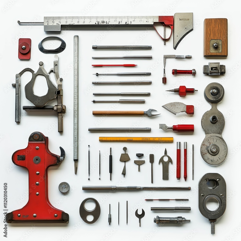 Fototapeta premium Precision instruments arranged neatly on a white background.