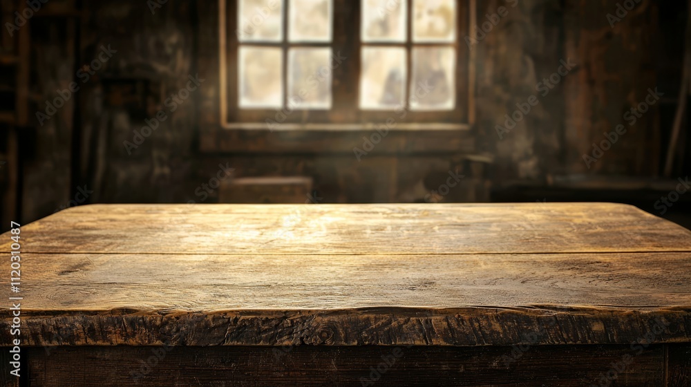 A wooden table in front of a window in an old building A wooden table in front of a window in an old building