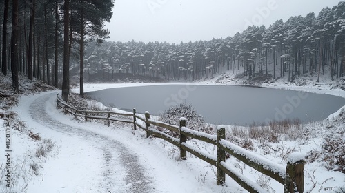 Wallpaper Mural A snow covered path leading to a small lake in the woods Torontodigital.ca