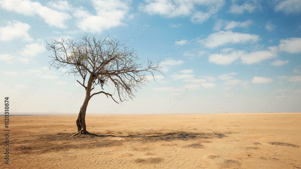 Bare Leafless Tree in a Vast Desert, Concept of Drought, Isolation, and Climate Change Bare Leafless Tree in a Vast Desert, Concept of Drought, Isolation, and Climate Change