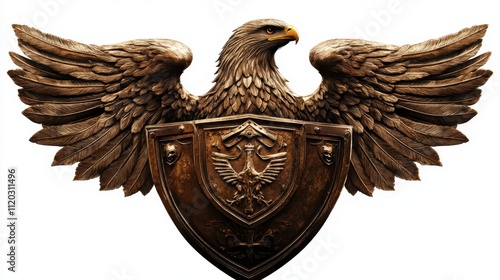 Majestic eagle emblem with expansive wings and shield. A powerful symbol of strength and courage. Ideal for branding or artistic projects. Generative AI photo