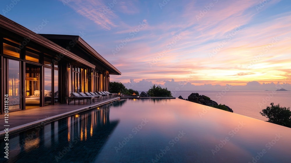 Fototapeta premium An elegant villa overlooking a serene ocean at sunset, featuring a stunning infinity pool and tranquil landscapes.