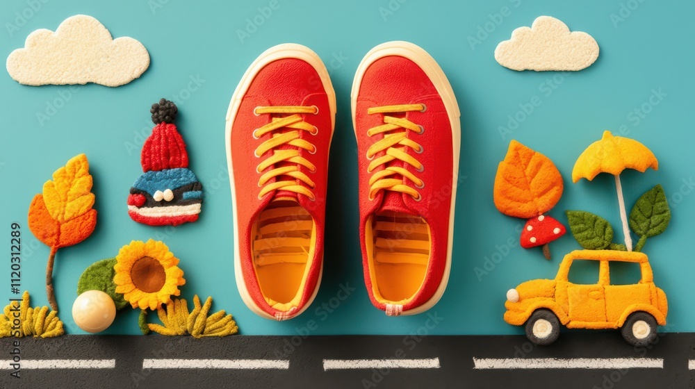 Fototapeta premium Children Drawing Chalk Art with Red Sneakers and Toy Car Creative Photography for Modern Commercial and Digital Marketing Content