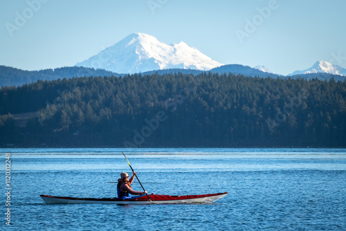 San Juan Island kayaker with Mount Baker #1